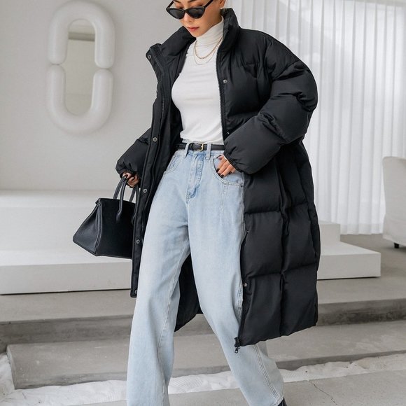 . Jackets & Blazers - Black Casual Womens Drop Shoulder Slant Pockets Puffer Coat